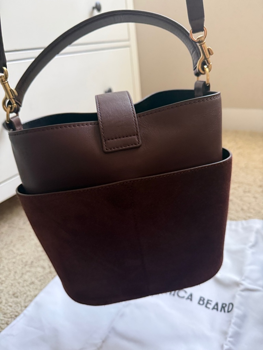 Leather & Suede Bucket Bag in Dark Brown - Classic Women's Handbag - Picture 3 of 8
